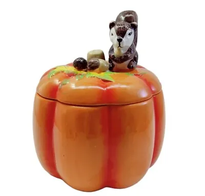 Ceramic Pumpkin Canister Cookie Jar With Squirrel On Top Fall Autumn Decor READ! • $19.97