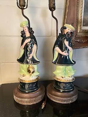 Pair Of Vintage Mid Century Asian Figural  Man And Woman 31 1/2  Statue Lamps • $199.95