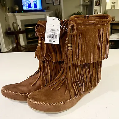 New1 Tall Moccasin Boots Shoes Native American Genuine & Faux Suede Fringe 11 • $22.99