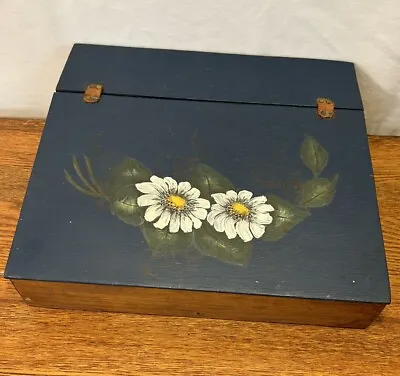 Vintage Wooden Lap Desk Writing Box Slant Top Handpainted Daisy Navy WFH Office • $52.53