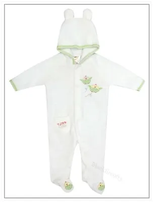 Baby Girls White Fleece Babygrow Warm Winter Hooded Sleepsuit 0-12 Months NEW • £8.99