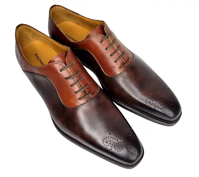 NEW- MAGNANNI Spectator Leather Oxford Brown/ Cognac Men's 9  M MSRP $495 • $214.50