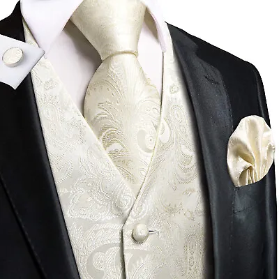 Formal Casual Vest Tie Set Mens Silk Waistcoat Tuxedo Gilet Hankie Cufflinks • $18.17