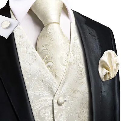 Mens Formal Wedding Waistcoat Paisley Floral Suit Vest Slim Tuxedo Silk Tie Set • $36.91