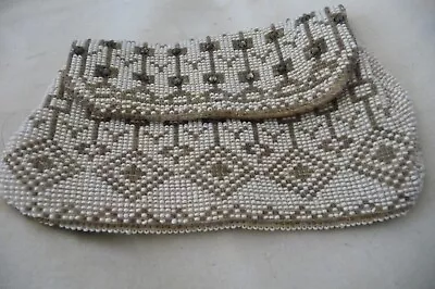 #99 Vtg PURSE SILVER TONE & WHITE GLASS SEED MICRO BEAD  DECO ABSTRACT PATTERN  • $19.99