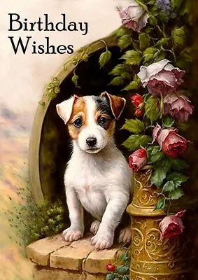 Jack Russell Terrier Cute Puppy Dog And Flowers Birthday Greetings Note Card • £2.50