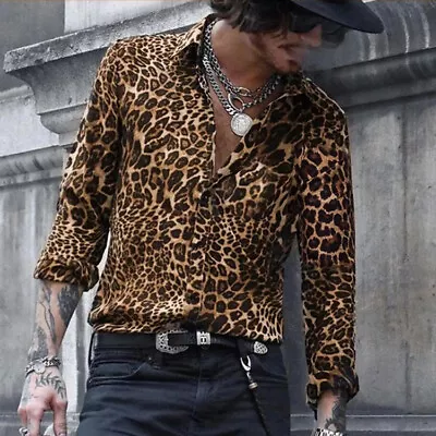 Men Fashion Thin Slim Lapel Leopard Print Polyester Long Sleeve Casual Shirts • $57.56