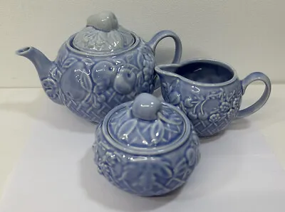 Wade Blue Teapot Sugar Bowl Milk Jug Harvest Fruits Basket Weave Vintage • £12.99