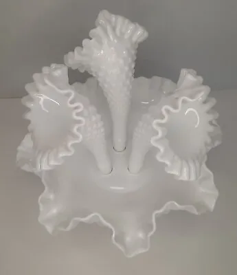 Fenton Vintage 1950's 3 Horn White Milk Glass Hobnail Epergne Diamond Lace  • $72.56