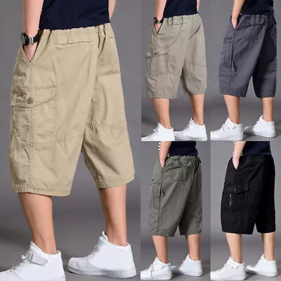 Men Solid Plus Size 3/4 Length Cargo Pants Shorts Baggy Casual Cotton Trousers❤ • $18.67