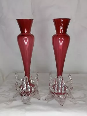 Antique Victorian Cranberry Art Glass Pair Of Vases With Clear Leaf Feet Kralik • $145