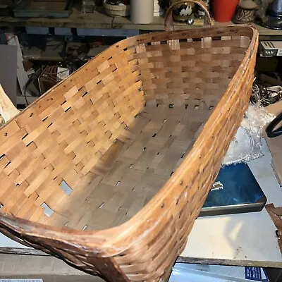 Vintage Wood  Woven Splint Storage BASKET  Laundry 26x17 One Handled • $44