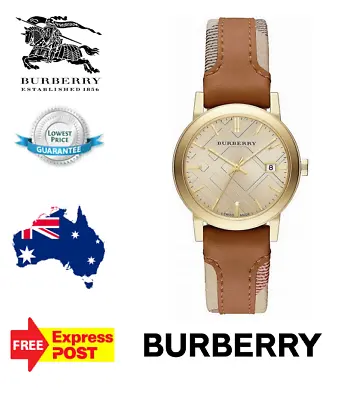 New Burberry 'the City' Bu9133 Gold/brown Leather Check Womens Quartz Watch • $329.99