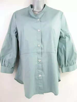 Premise Blouse Women's M Teal Blue Mandarin Collar Shirt Top Puff Sleeve Stretch • $12.49