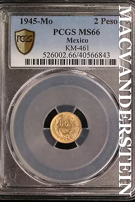 Mexico: 1945-Mo Gold Two Peso - PCGS MS66  KM-461 - Scarce  #SLA404 • $129