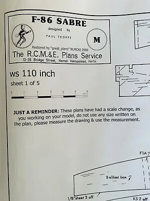 R.C.M. & E Plans Service F-86 Sabre  110” Span RC  Plane Paper Plan Paul Thorpe • $45