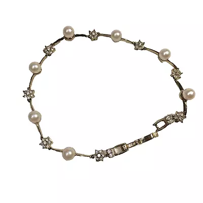 NADRI Signed Gold Tone Crystal Faux Pearl Link Bracelet Dainty Filigree Design * • $12.59