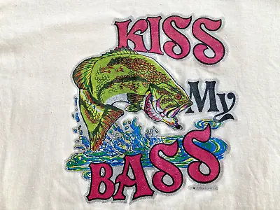 Vintage 70s 1978 Kiss My Bass Glitter Iron On Graphic Fishing T-shirt XL • $20
