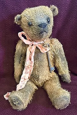 Primitive Teddy Bear 14  Antique Excelsior Stuffed Jointed Mohair Rustic • $75