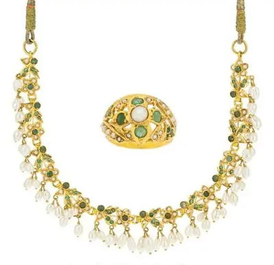 22k Gold Solid Necklace Ring Set White Green Gems Pearls Emeralds Antique Gyuhji • $3499.55