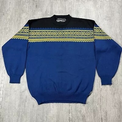 Vtg Obermeyer Ski Sweater Mens Wool Blend Pullover Fair Isle Knit Blue Black Xl • $49.99