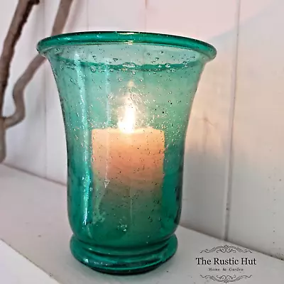 Rustic Recycled Glass Hurricane Lantern Candle Holder Ocean Blue Garden Indoor • £11.50