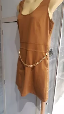 Kilky Brown 1960s Style Sleeveless Dress Free Chain Belt Size L • £7.99