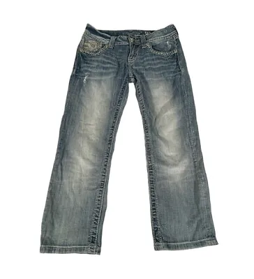 Miss Me Jeans Size 26 Capris Rhinestones Bling Blue Denim Cuffed Inseam 23  • $13.05