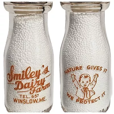 SMILEY'S DAIRY FARM - Maine Milk Bottle Half Pint Happy Baby Pyro (WINSLOW ME) • $26.95