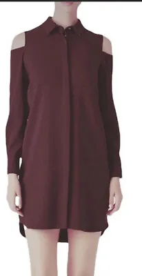 Amanda Uprichard Women Medium Burgundy Button Front Cold Shoulder Shirt Dress G • $29.99