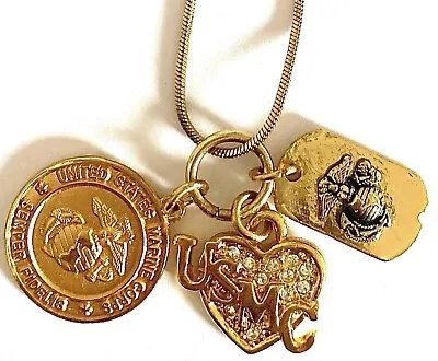 US Marine Corps Necklace With 3 Charms Gold Tone Military Seal Heart Dog Tag • $8