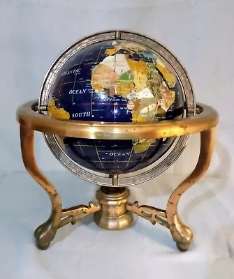 Vintage Large Blue Lapis And Gemstone Art World Globe Brass Stand W/ Compass  • $74.99