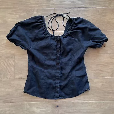 J.Crew V-Back Linen Top Black Size 4 Small Button Front Tie Back BJ365 • $15