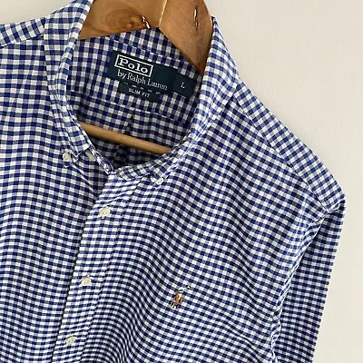 Polo Ralph Lauren Shirt L Large Mens Blue Check Slim Fit Cotton Short Sleeve • £37.95