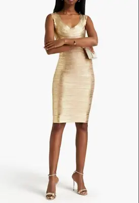 New Herve Leger Scoop Neck Bandage Foil Dress Size L $1090.00 Gold Foil • $324.99