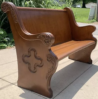 Antique Oak Pew W/ Beautiful Carved Ends Dark Original Finish 4 Footer! • $699