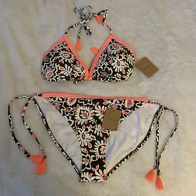 New Boden Ladies Khaki / Neon Pink Tassel Padded Bikini Swimwear Set Size 16 • £50