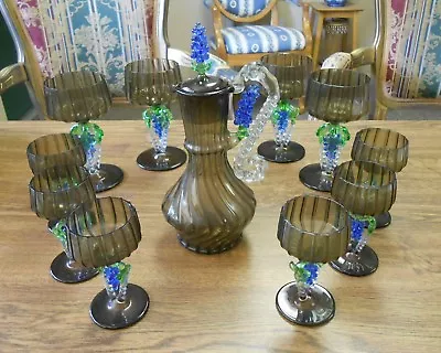 11 Pc Antique Venetian Murano Pitcher Wine & Shot Glasses Applied Grape Vine • $499.99