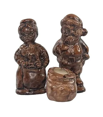 Vintage Santa And Mrs. Claus Toothpick Holder Sack Handpainted Brown Ceramic Set • $19.99