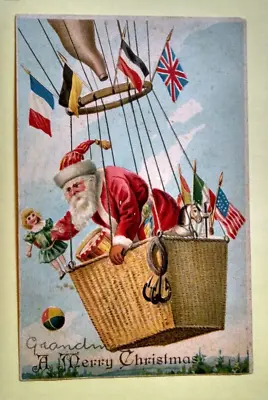 $6 • Buy Antique Embossed Christmas Postcard Santa In Blimp Balloon Country Flags LOOK