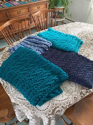 Hand Knit Teal Blue Turquoise Knitted Throws Afghans Baby Blanket SCabled • £94.99