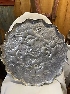 Vintage 17 Inch Metal Hammered And Punched Serving Tray With Dog Wood Flowers • $15