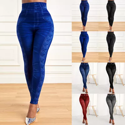 Womens Denim Look Stretchy Leggings Trousers Ladies Skinny Slim Jeggings Pants • £12.69