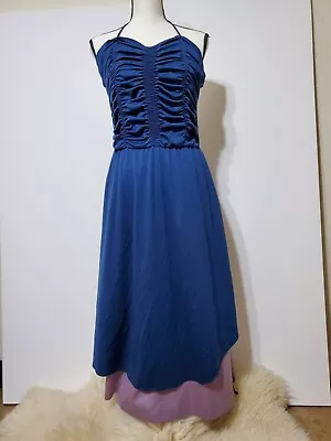 Vintage 70s PBJ Blue & Lilac Poly Satin Dress SZ L Volup Pinup Wiggle Disco • $42