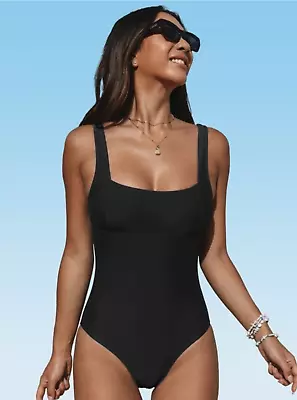 Women's Wide Straps Vintage Square Neck One Piece Swimsuit -Cupshe-L-Black • $14.99
