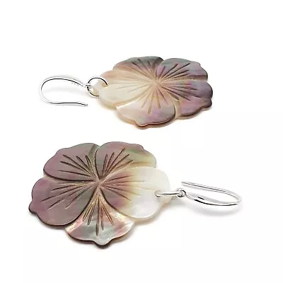 Carved Shell Flower Earrings Natural Dark Abalone Dangle Drop Sterling Silver • £16.98