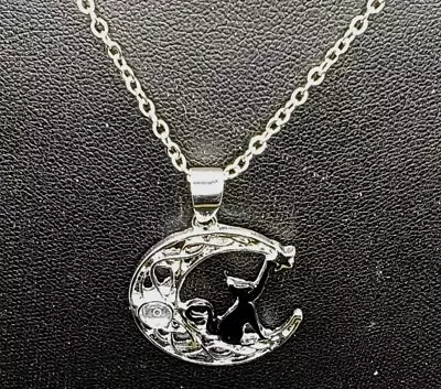 Black Cat Celtic Crescent Moon Star Pendant Silver 20  Necklace New  • $9