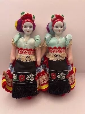 Two Vintage Hungarian Folk Art Hand Made Matyo Fabric Dolls With Glass Heads • $39.99
