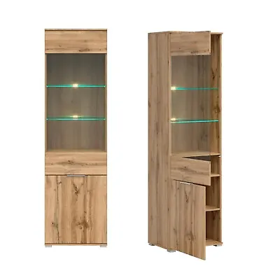 Glass Display Cabinet Tall Slim 2 Door Glazed Shelving Unit LEDs Oak Effect Zele • £249.95