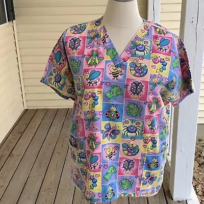 Scrub HQ Scrub Top Size Large Scrubs Colorful Bugs Frogs Butterfly Cotton Nurse • $9.59